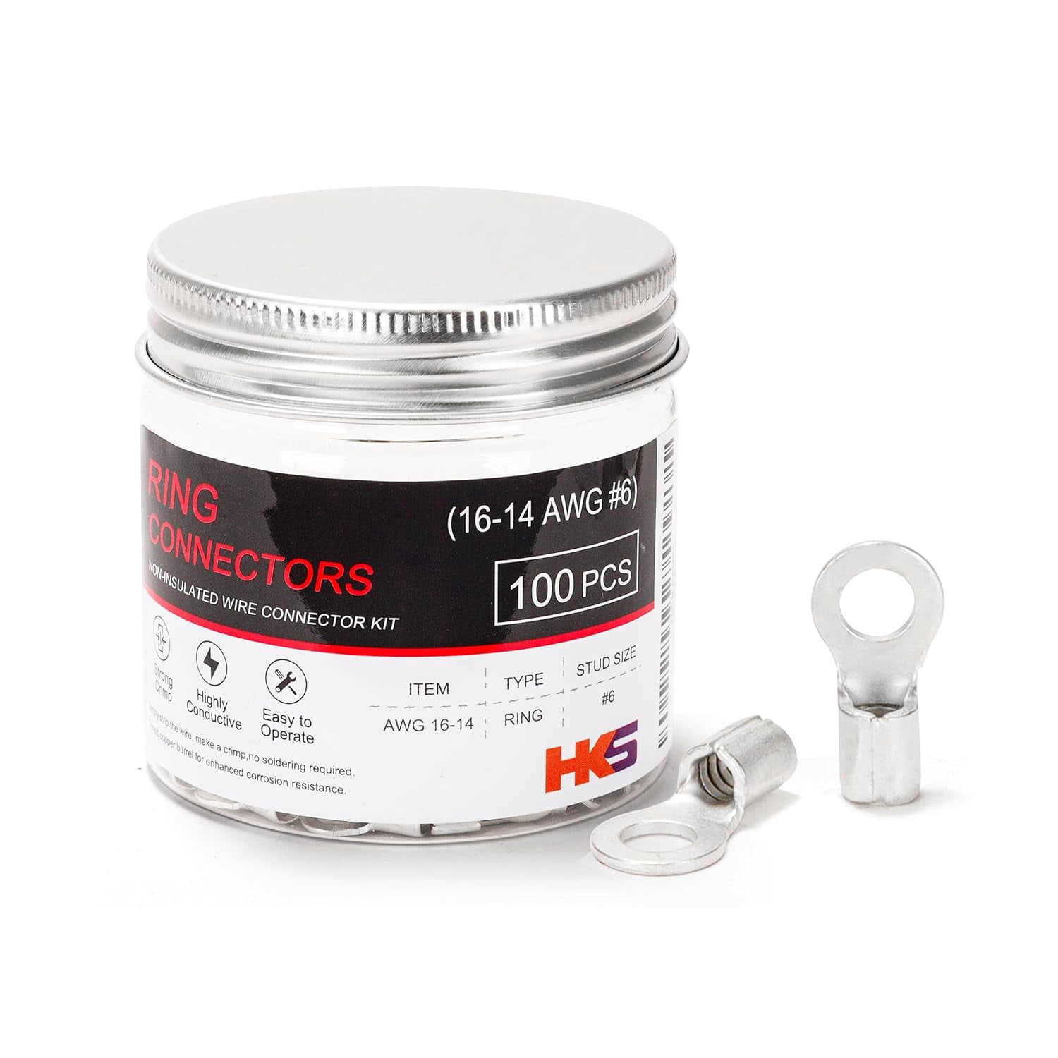 100 non-insulated ring terminals, #6 stud, 16-14(1.5-2.5²) tin-plated copper crimp connectors, 3.5 bolt size, non-insulated wire lugs for electrical wiring and automotive applications