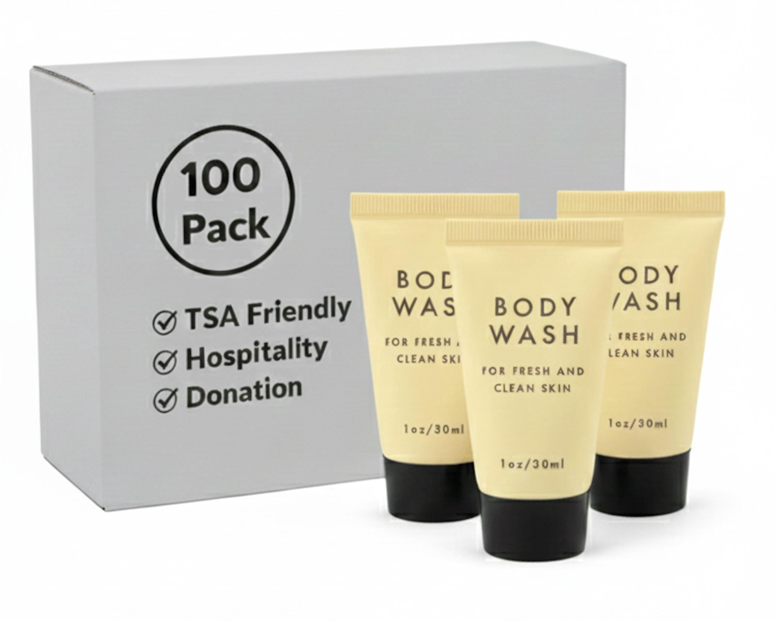 100 pack 1 Oz. Bodywash - Hospitality, Hotel, Homeless Shelter, Donation, Charity Drive, Disaster Relief Supplies - 100 Bottles