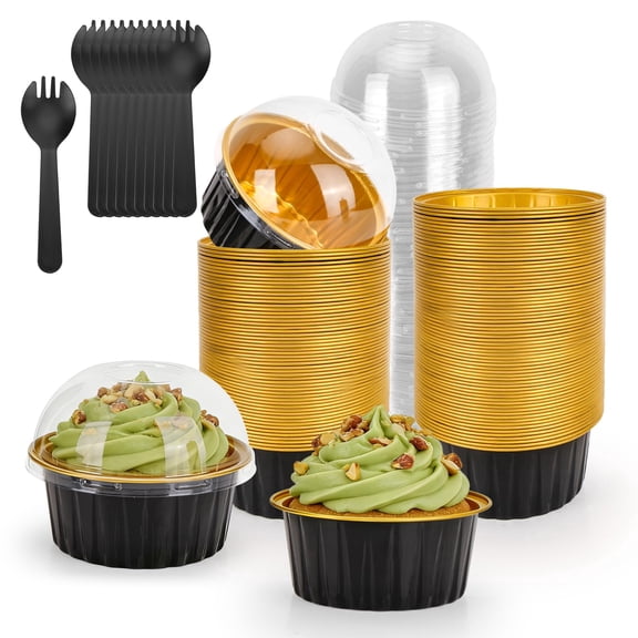 100-pack 5 Oz Black/Gold Mini Cake Pans With Lids Disposable Aluminum Foil Baking Cups