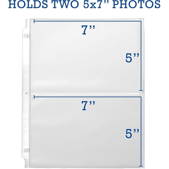 100 pack 5x7 inch photo album refill pages hold 100 photos 3-hole binder photo protector insert pages double pocket photo pages for 5x7 inch photos, postcards, recipe cards total capacity 400 photos