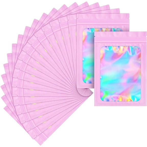 100 pack mylar bags holographic smell proof packaging bag for small bussiness resealable zipper sealable pouch bags sample, jewelry, lipgloss, food,soap,electronic supplies46 inch,pink