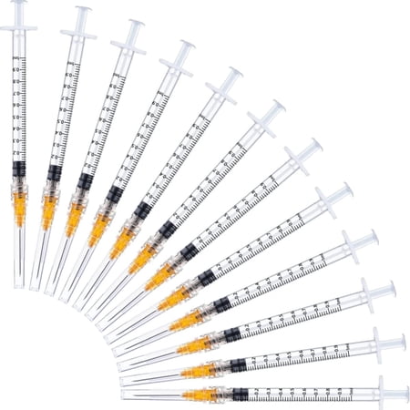 100 packs of 1 industrial syringe with 251 inch needle, plastic disposable syringes and needles for scientific laboratory, liquid filling and measuring