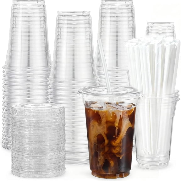 100 packs of 16-ounce clear plastic cups with lid and straw, disposable coffee cups, BPA-free food-grade safe takeout cups, suitable for iced coffee, milkshakes, and cold drinks