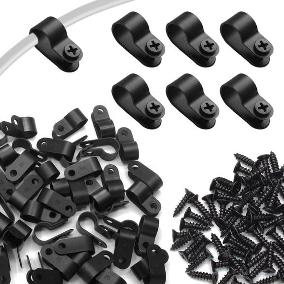 100 packs of R-type cable clamps with screws, plastic wire fasteners, cable management brackets for wiring
