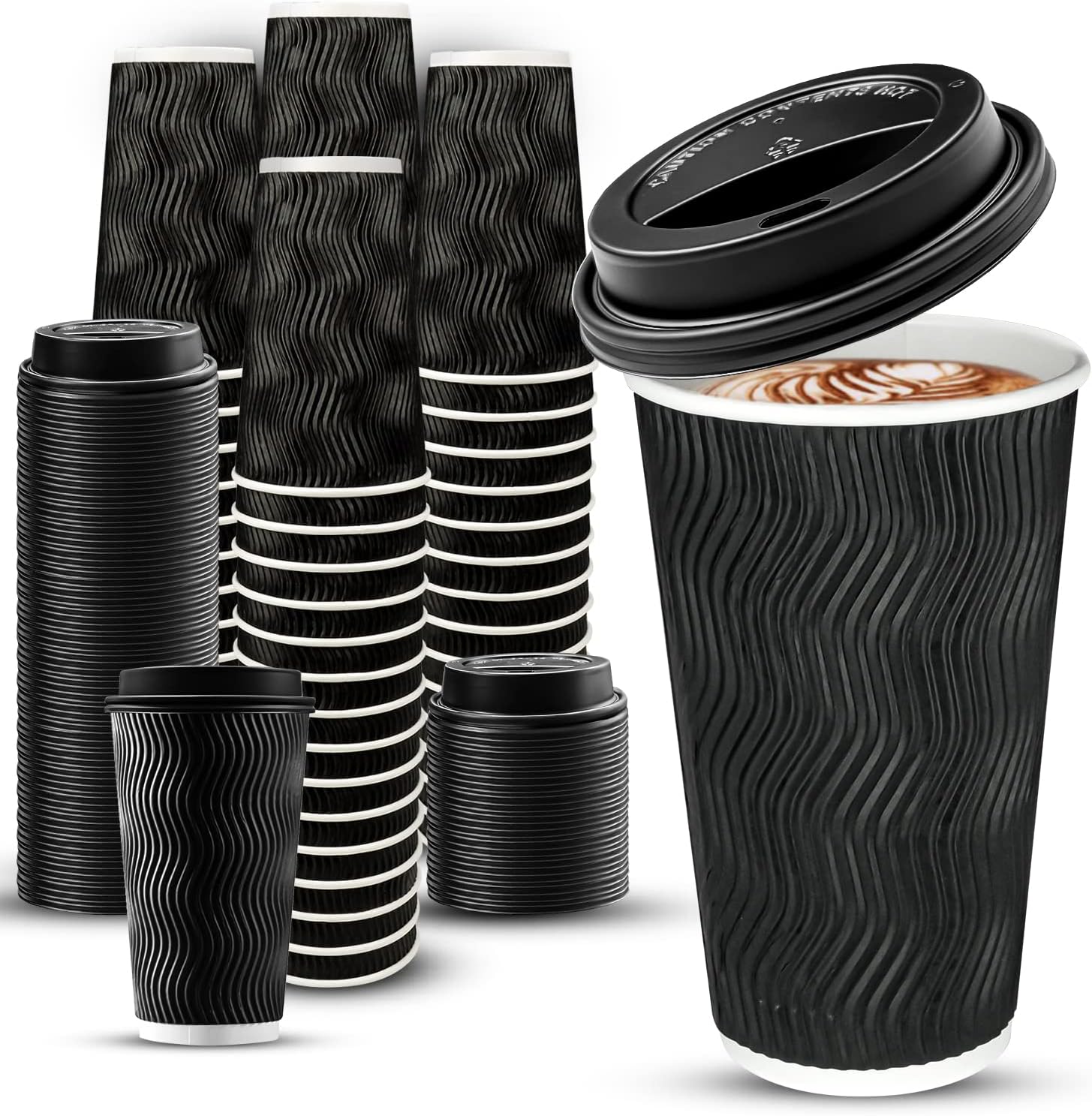 100 Count 16 oz Insulated Paper Coffee Cups with Lids, Disposable ...