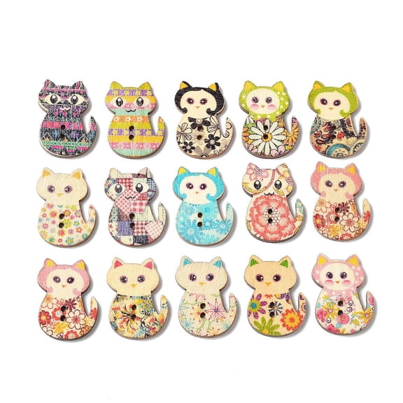 100 pc 2-Hole Printed Wooden Buttons for Sewing Crafting Cat Mixed Color 29.5x21.5x2.5mm Hole: 1.5mm