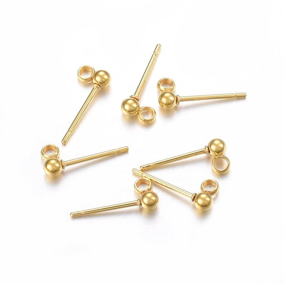 100 pc 304 Stainless Steel Ball Stud Earring Findings with Loop Round Real 24k golden Plated 14x5x3mm Hole: 1.5mm Pin: 0.8mm
