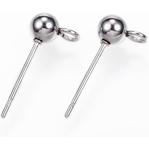 100 pc 304 Stainless Steel Ball Stud Earring Findings with Loop Stainless Steel Color 15x7x4mm Hole: 1.7mm Pin: 0.8mm