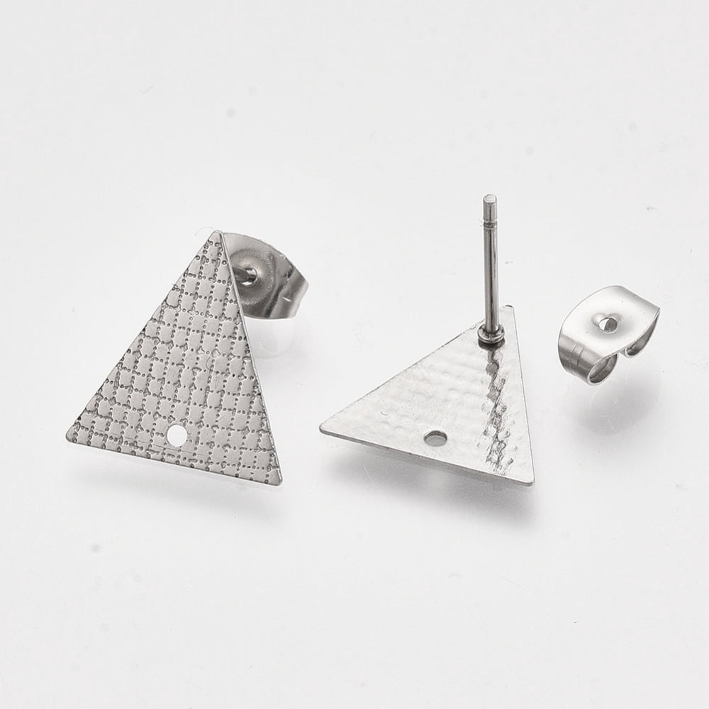 100 pc 304 Stainless Steel Stud Earring Findings with Ear Nuts/Earring Backs Triangle Stainless Steel Color 13.5x13mm Hole: 1mm Pin: 0.7mm