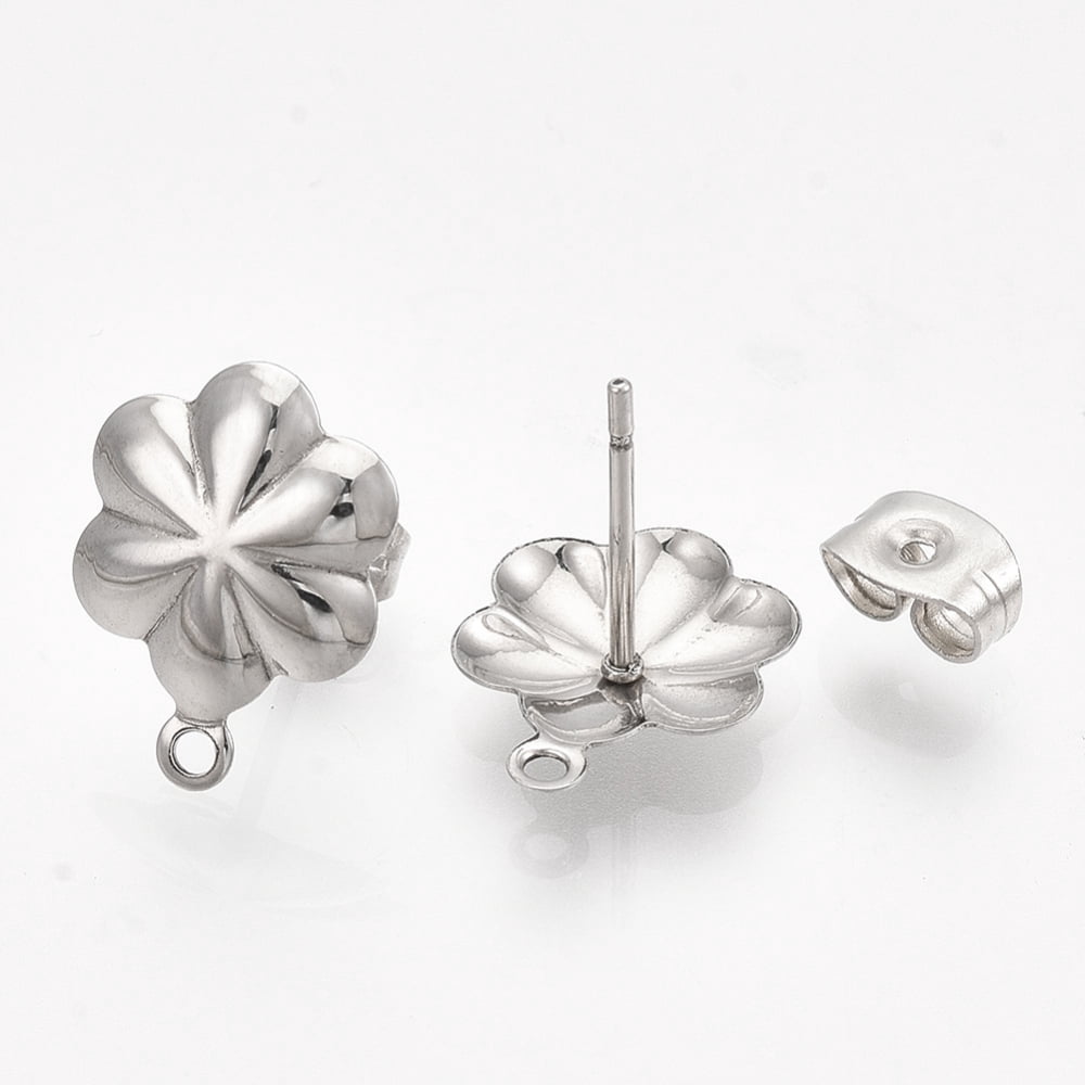 100 pc 304 Stainless Steel Stud Earring Findings with Loop and Ear Nuts/Earring Backs Flower Stainless Steel Color 13.5x10mm Hole: 1mm Pin: