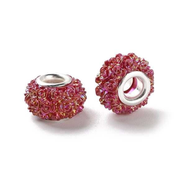 100 pc AB color Resin Rose Flower European Beads Rondelle Large Hole Beads with Platinum Tone Alloy Double Cores Dark Red 14x9mm Hole: 5mm