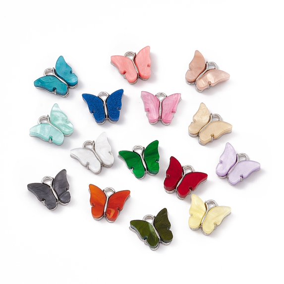 100 pc Acrylic Charms with Platinum Tone Alloy Finding Butterfly Charm Mixed Color 13x14x3mm Hole: 2mm