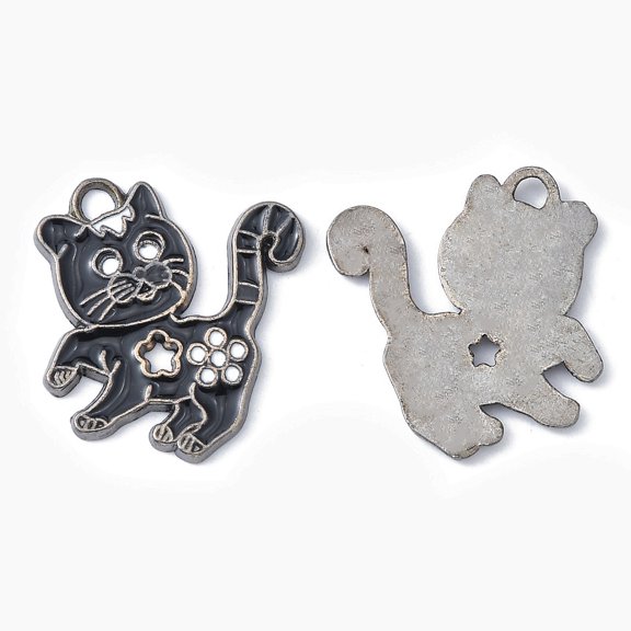 100 pc Alloy Enamel Kitten Pendants Cadmium Free Lead Free Cartoon Cat with Flower Shape Gunmetal 25.5mm long 24mm wide 2mm thick hole: 2mm