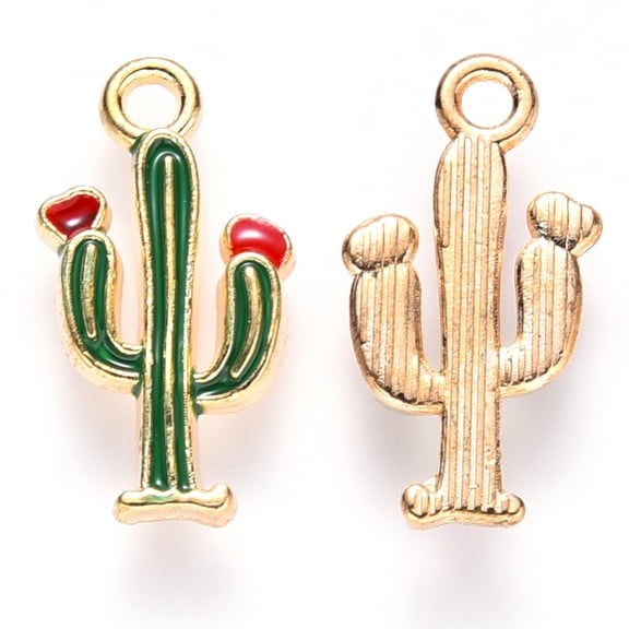 100 pc Alloy Enamel Pendants Cactus Light Gold Green 19x10x2.5mm Hole: 1.8mm