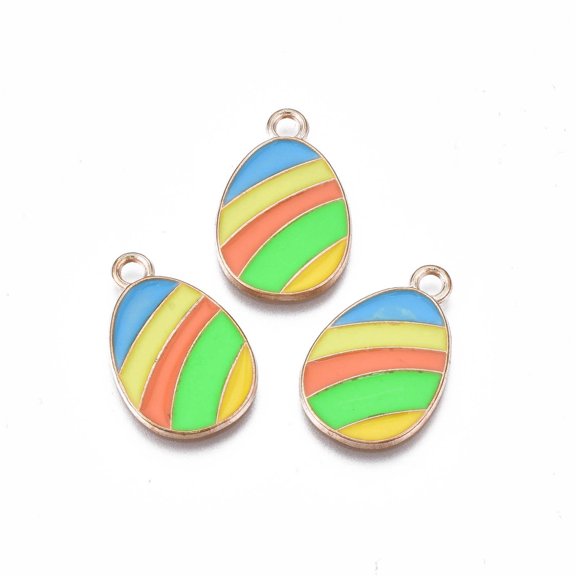 100 pc Alloy Enamel Pendants Light Gold Cadmium Free & Lead Free Easter Egg Shape with Stripe Colorful 22x14x1.5mm Hole: 2mm