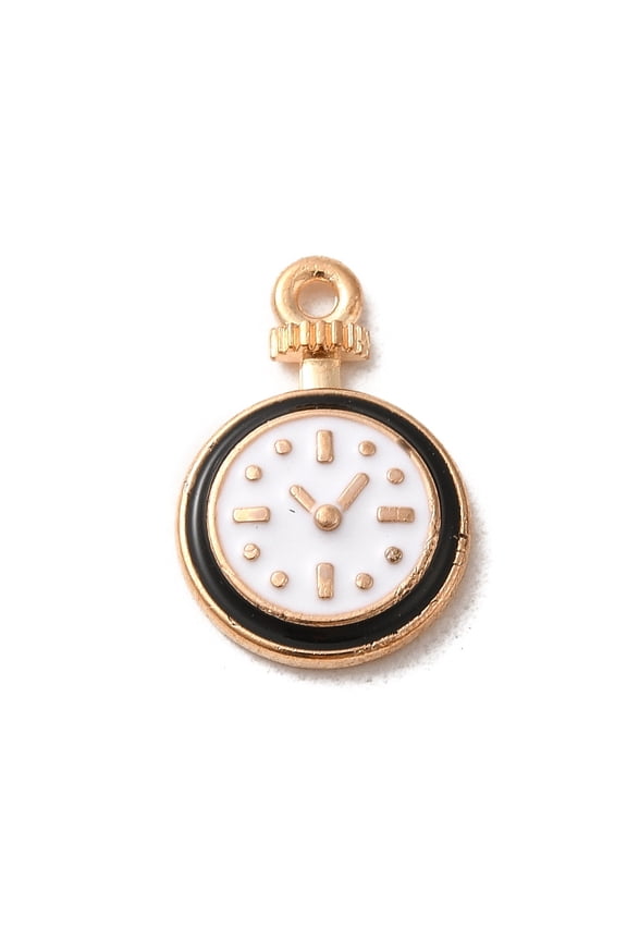 100 pc Alloy Enamel Pendants Light golden Flat Round with Clock Charm White 17x11.5x2.5mm Hole: 1.4mm