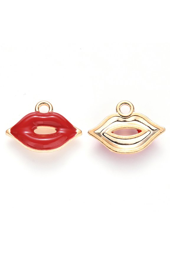 100 pc Alloy Enamel Pendants Makeup Pendants Lip Shape Light Gold Red 13x18x3mm Hole: 2mm