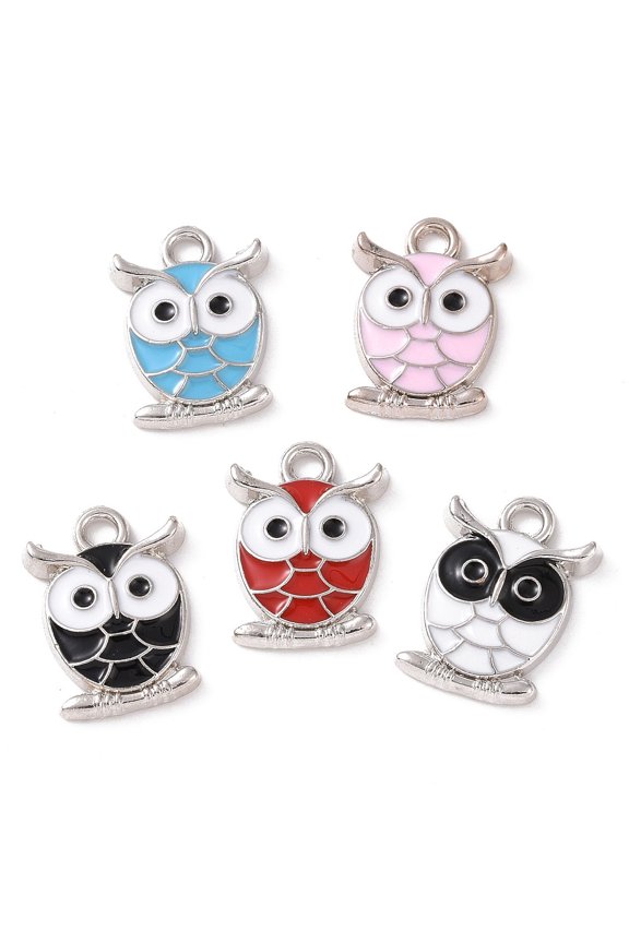 100 pc Alloy Enamel Pendants Owl Charm Platinum Mixed Color 16.5x12x2.5mm Hole: 1.6mm