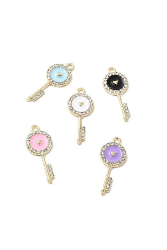 100 pc Alloy Enamel Pendants with Rhinestone Keys with Heart Charms Golden Mixed Color 31x12.5x2mm Hole: 1.8mmDIY