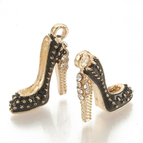 100 pc Alloy Enamel Stilettos Pendants Cadmium Free & Lead Free with Rhinestone High-heeled Shoes Light golden Black 17.5x14x6mm Hole: 2mm