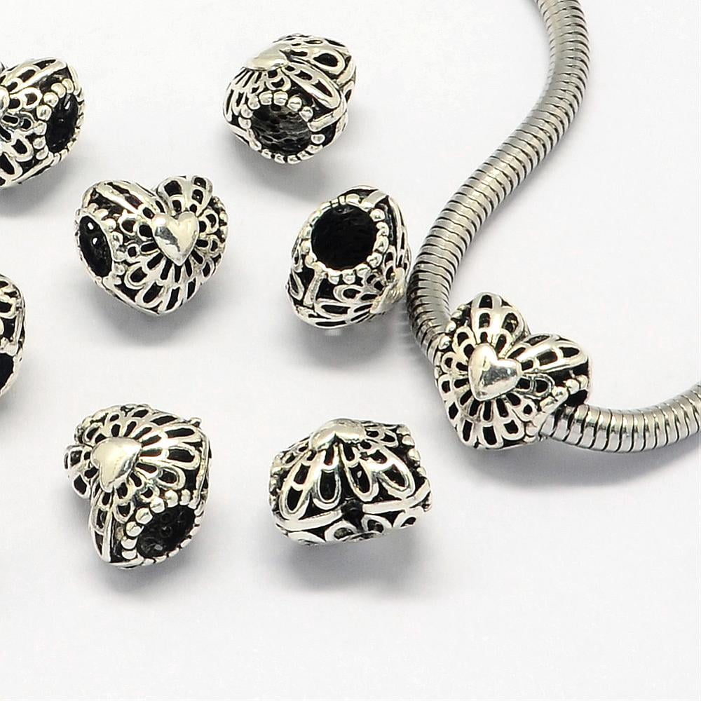 100 pc Alloy European Beads Large Hole Beads Heart Antique Silver 11x11x9mm Hole: 4.5mm