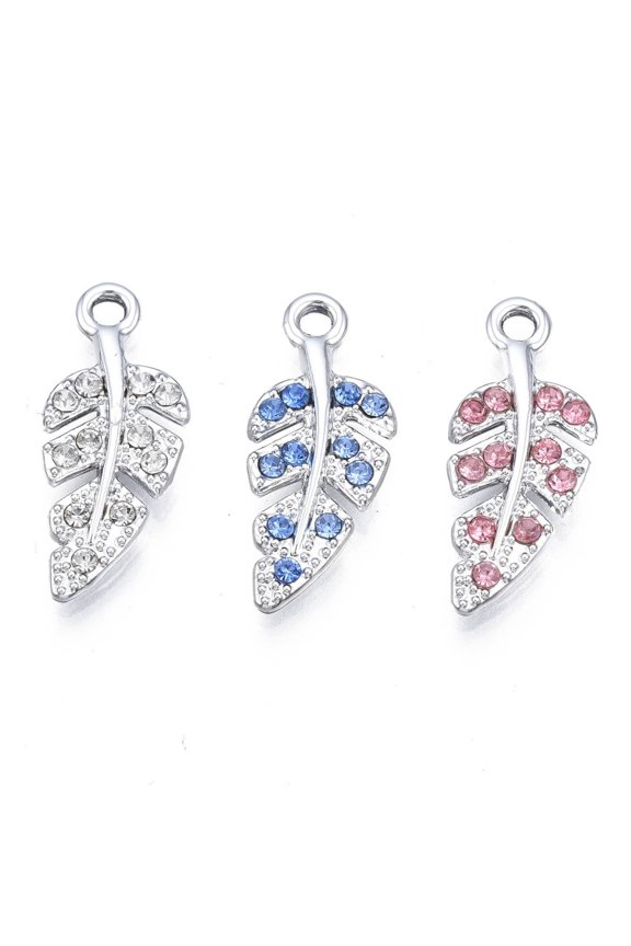 100 pc Alloy Pendants with Rhinestone Cadmium Free Nickel Free Lead Free Leaf Platinum Mixed color 21x8.5x2mm Hole: 1.6mm