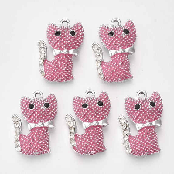 100 pc Alloy Rhinestone Enamel Kitten Pendants Bumpy Cat Shape Platinum Deep Pink 24x16x6mm Hole: 1.8mm