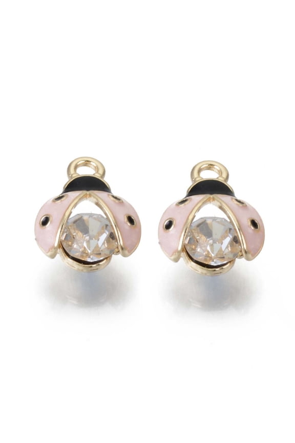 100 pc Alloy Rhinestones Enamel Pendants Cadmium Free Lead Free Ladybug Light golden Pink 15x11.5x7mm Hole: 2mm