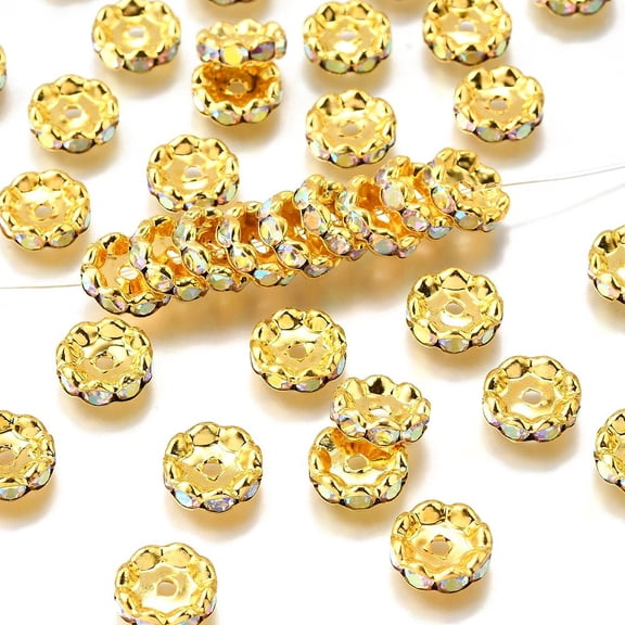 100 pc Brass Grade A Rhinestone Spacer Beads Wavy Edge Rondelle Nickel Free Golden Crystal AB 12x4mm Hole: 2.5mm