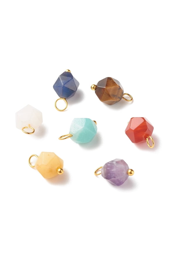100 pc Chakra Theme Natural Genmstone Charms with Golden Tone Brass Loops Faceted Round 13.5x7.5mm Hole: 2.5mm