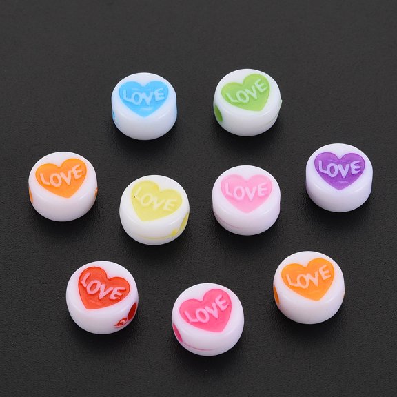 100 pc Craft Style Acrylic Beads Flat Round with Heart & Word Love Mixed Color 9.5x5mm Hole: 2mm