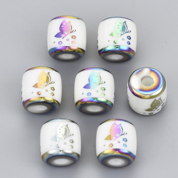 100 pc Electroplate Glass Beads Column with Butterfly Pattern Rainbow Plated 11.5x11.5mm Hole: 1.8~2.5mm