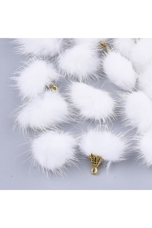 100 pc Faux Mink Fur Tassel Pendant Decorations with Alloy Findings Antique Golden White 20~30x28~30mm Hole: 1.8mm