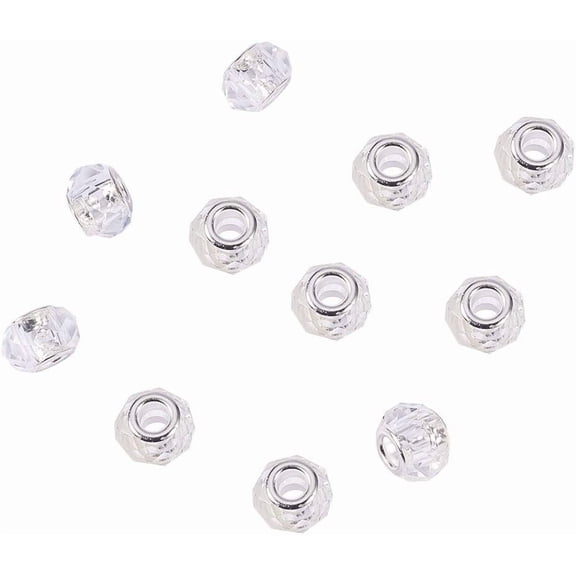 100 pc Handmade Glass European Beads Large Hole Beads Silver Color Brass Core Clear 14x8mm Hole: 5mm