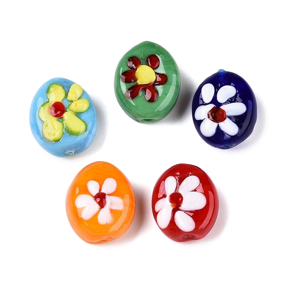100 pc Handmade Lampwork Beads Oval with Flower Mixed color 18.5~20x15.5~16.5x7.5~10mm Hole: 1.2~1.5mm Lampwork