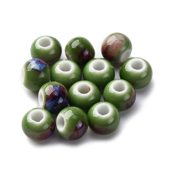 100 pc Handmade Porcelain Beads Round Dark Green 6~7x5~6mm Hole: 2mm