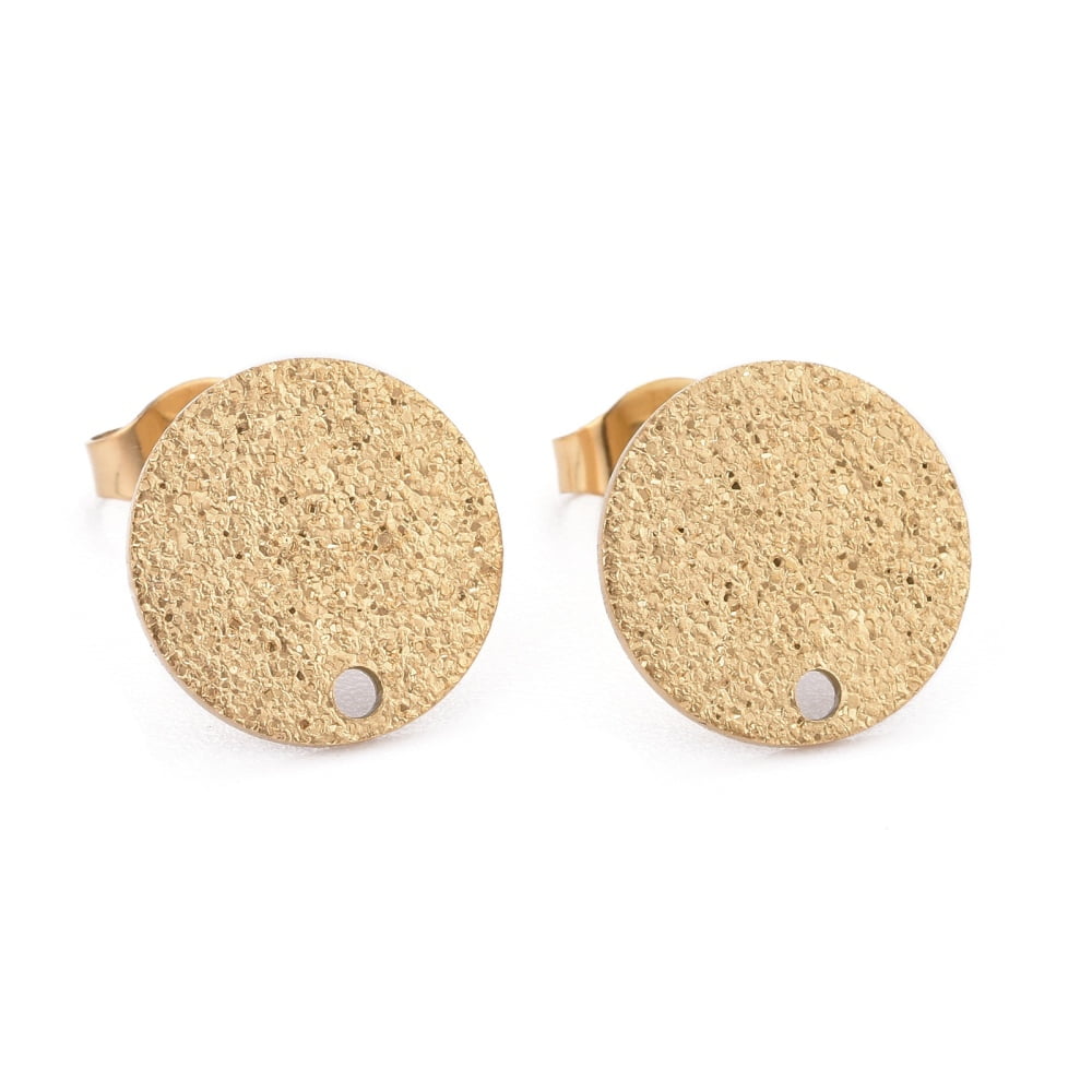100 pc Ion Plating(IP) 304 Stainless Steel Stud Earring Findings with Earring Backs & Loop Textured Flat Round Golden 12x1mm Hole: 1.4mm Pin: 0.8mm 304 Stainless Steel