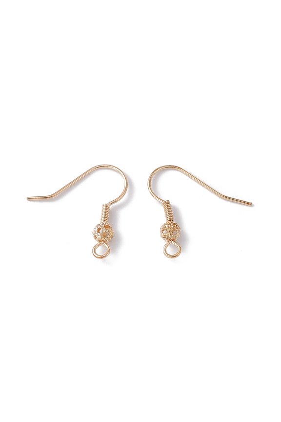 100 pc Ion Plating(IP) Brass Round Beaded Earring Hooks with Horizontal Loop Real 18K golden Plated 21x21x4mm Hole: 2mm 20 Gauge Pin: 0.8mm
