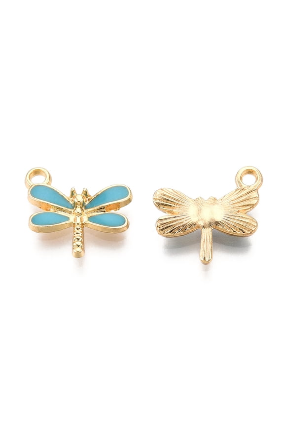 100 pc Light golden Plated Alloy Charms with Enamel Dragonfly Turquoise 14.5x15.5x3mm Hole: 1.8mm