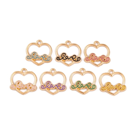 100 pc Light golden Plated Alloy Enamel Pendants Cadmium Free Lead Free Heart with Word Love Charms Mixed color 16x15.5x1.5mm Hole: 2mm