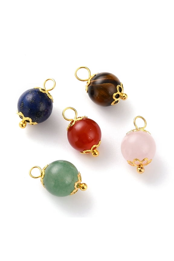 100 pc Natural Lazuli Red Agate Green Aventurine Rose Quartz Tiger Eye Pendants with Iron Bead Caps and Brass Ball Head Pins Findings Round Golden 14~15.5x8~8.5mm hole: 2~2.5mm.