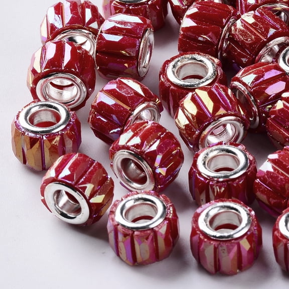 100 pc Opaque Resin European Beads Large Hole Beads with Silver Color Plated Double Faceted AB Color Plated Column Red 11.5x8mm Hole: 5mm