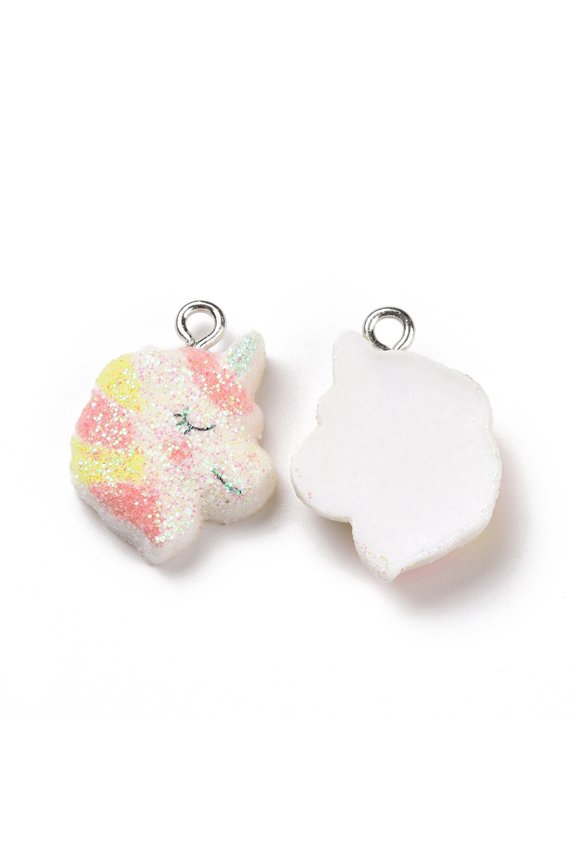 100 pc Opaque Resin Pendants with Glitter Powder and Platinum Tone Iron Loops Unicorn Charm Colorful 19x16x5.5mm Hole: 2mm