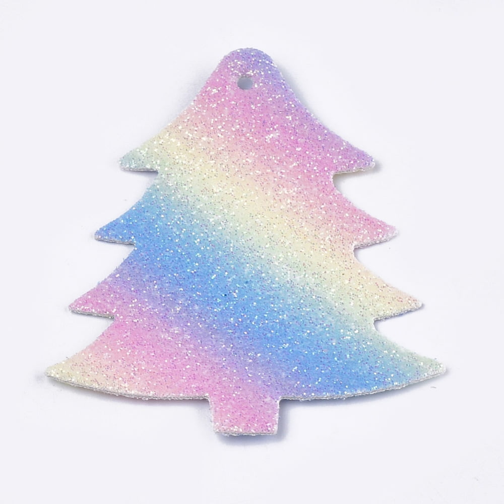 100 pc PU Leather Big Pendants with Sequins Christmas Trees Colorful 55x47x1mm Hole: 1.8mm Imitation Leather