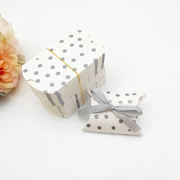 100 pc Polka Dot Pattern Paper Pillow Candy boxes Gift boxes with Ribbon for Wedding Favors Baby Shower Birthday Party Supplies Silver 9x6.5x2.5cm