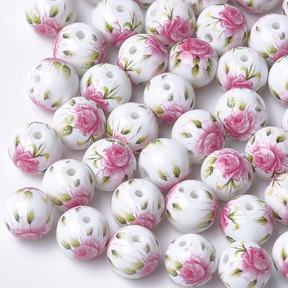 100 pc Printed & Spray Painted Glass Beads Round with Flower Pattern Hot Pink 8~8.5x7.5mm Hole: 1.4mm