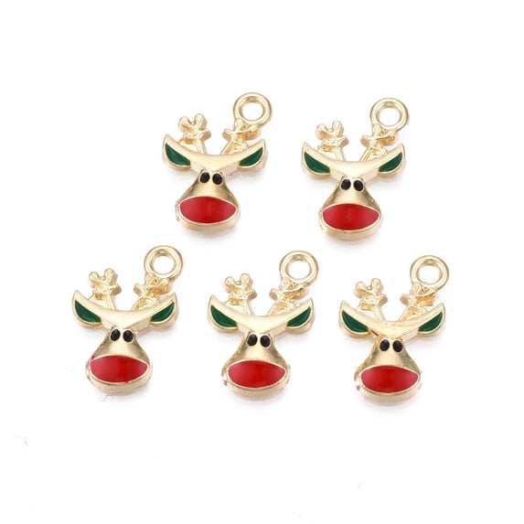 100 pc Rack Plating Alloy Enamel Pendants Cadmium Free Nickel Free Lead Free Light golden Christmas Reindeer/Stag Red 16.5x12x3mm Hole: 2mm