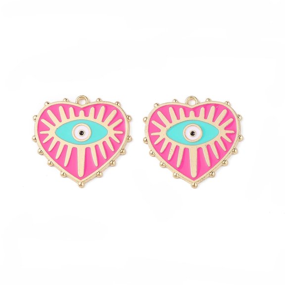 100 pc Rack Plating Alloy Enamel Pendants Golden Heart with Evil Eye Charm Deep Pink 27x28x1.4mm Hole: 2mm