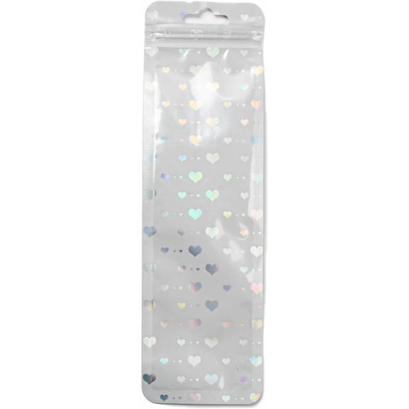 100 pc Rectangle Glitter Holographic Plastic Yin-yang Zip Lock Gift Bags Self Sealing Reclosable Package Pouches for Pen Keychain Watch Storage White Heart 21.7x6.5x0.02cm