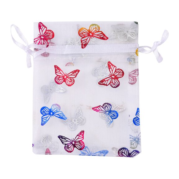 100 pc Rectangle Printed Organza Drawstring Bags Colorful Butterfly Pattern White 12x9cm